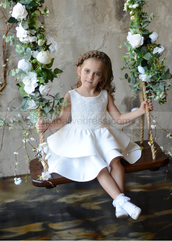 White Lace Satin Layered Flower Girl Dress First Birthday Dress